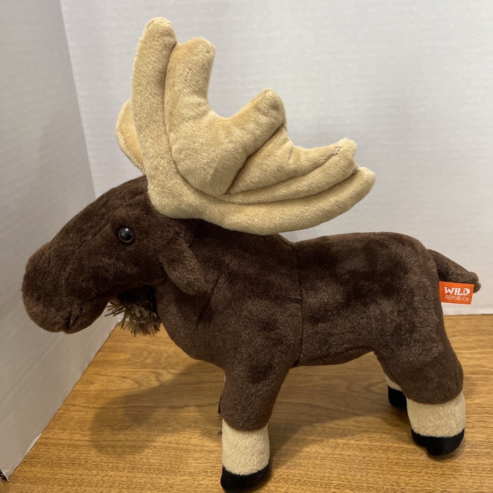 WILD REPUBLIC Standing Moose Realistic Plush Toy 14" Stuffed Animal -Brown & Tan